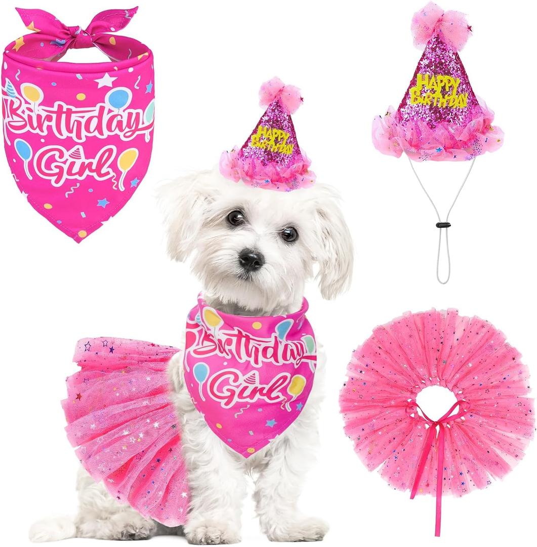 SCENEREAL Dog Birthday Bandana with Hat and Dress Girl Set, Puppy Birthday Party Supplies, Cute Pink Tutu Skirt Outfit for Small Dogs, S