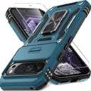 DEERLAMN Case for Google Pixel 9 Pro XL with Slide Camera Cover+Screen Protector(1 Pack), Rotated Ring Kickstand Military Grade Shockproof Protective Cover-Light Blue