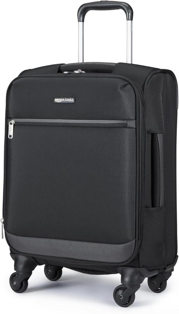 18" Medium Carry-On Softside Expandable Suitcase with 360-Degree Spinner Wheels, Telescoping Handle, Zippered Pocket and Straps, Black