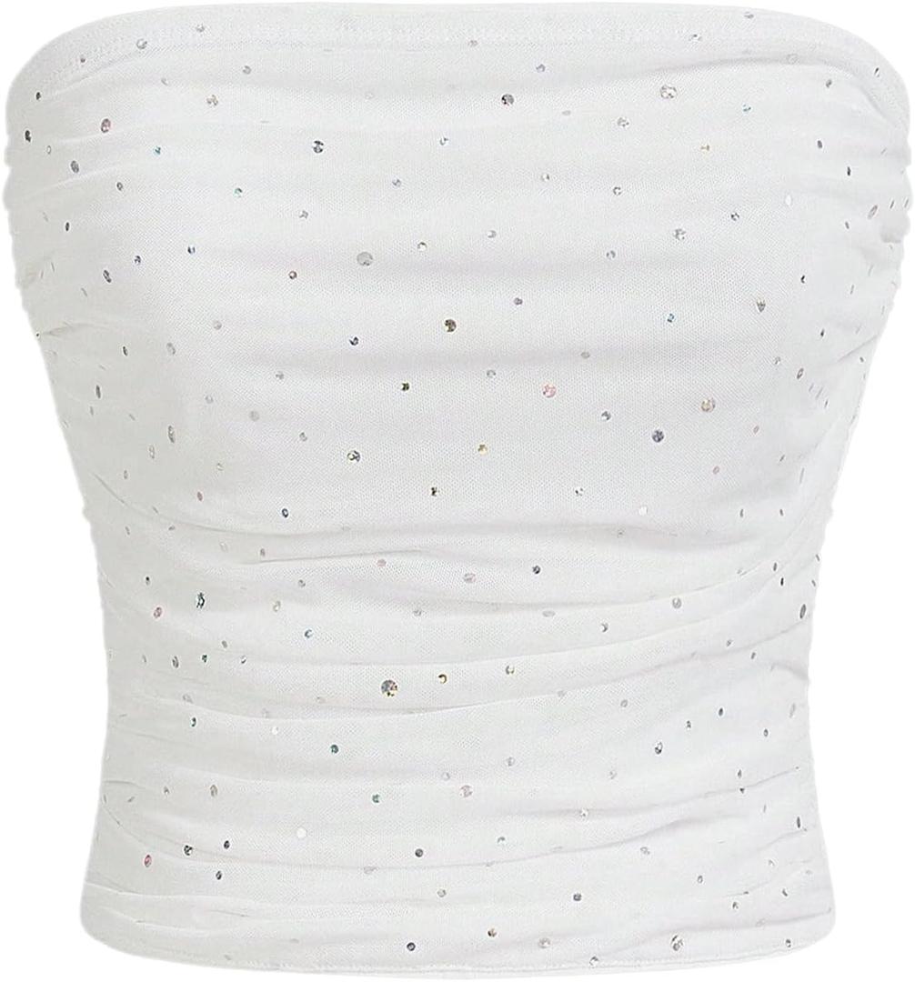 Floerns Women's Rhinestone Sleeveless Bandeau Party Corset Strapless Tube Top (White)