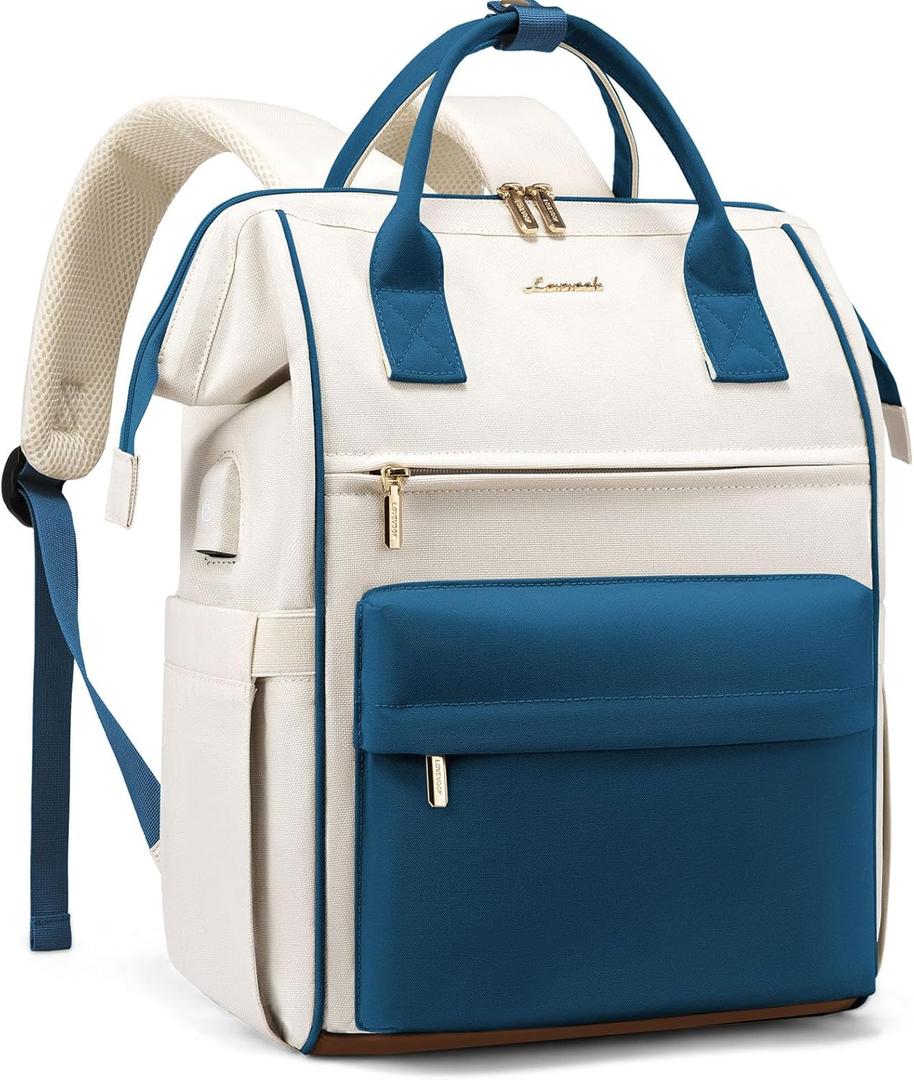 LOVEVOOK Laptop Backpack for Women 15.6 Inch, Travel Backpack with USB Charging Port Large Capacity Laptop Bag, Waterproof Bag for Business College Airline Approved Work Backpack(Blue) (Beige-blue-black)
