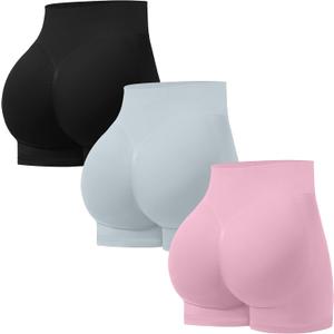 OVESPORT 3 Pack Seamless Women Workout Shorts Scrunch Butt Lifting Gym Booty Biker Shorts (Medium, Pink/Light Grey/Black)
