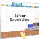 Monthly Calendar Dry Erase Board 24x18 Inch, Double-Sided Whiteboard and Corkboard Combo with Silver Aluminum Frame (Color Calendar), Wall Mounted Planner with Marker, Magnet, Push Pin, Eraser