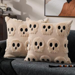 DFXSZ Halloween Pillow Covers 18x18 inch Set of 2 Beige Skeletont Halloween Decorations Soft Plush Faux Fur Wool Couch Cushion Case for Chair Sofa Bedroom Living Room Home Decor PTK04C18
