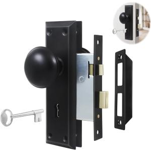 2 Pack Mortise Lock Set Interior Door with Matte Antique Door Knobs, Mortise Door Lock Wtih Skeleton Key Door Knob Set Used for 1-3/8" to 1-3/4" (35-45mm) Old Door (Matte Black)