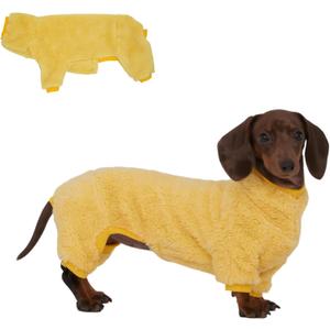 Dachshund Dog Fleece Jumpsuit Turtleneck Sweater, Suitable for Dachshunds, Winter Soft Cozy Dog Pajamas Clothes (Yellow, Medium)