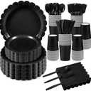 Xiangqu 350 Pcs Black Paper Plates and Napkins, 25 Guest Black Party Supplies Includes Scalloped Party Plates Napkins Cups Plastic Spoons Forks Knives for Birthday, Wedding