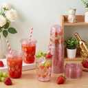 LemonRoad 50 Sets Pink Strawberry Clear Plastic Cups with Lids & Straws 16 oz Party Tumblers for Iced Coffee, Smoothies, Juice & More Cute Disposable Pet Mugs for Birthdays & Gatherings
