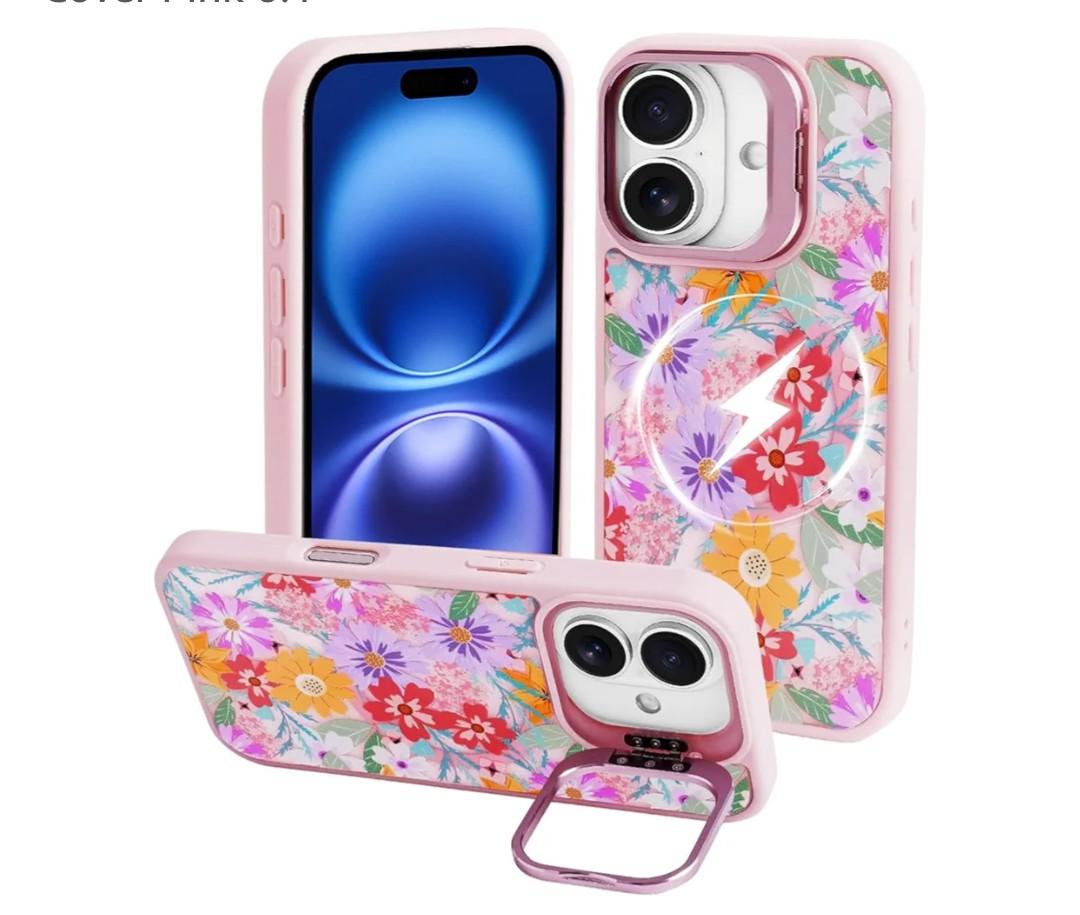 J.west Magnetic for iPhone 16 Case Compatible with Magsafe,Garden Floral Metal Kickstand Shockproof Silicone Bumper Cute Floral Flowers Phone Case Cover Pink 6.1 Pack of 2