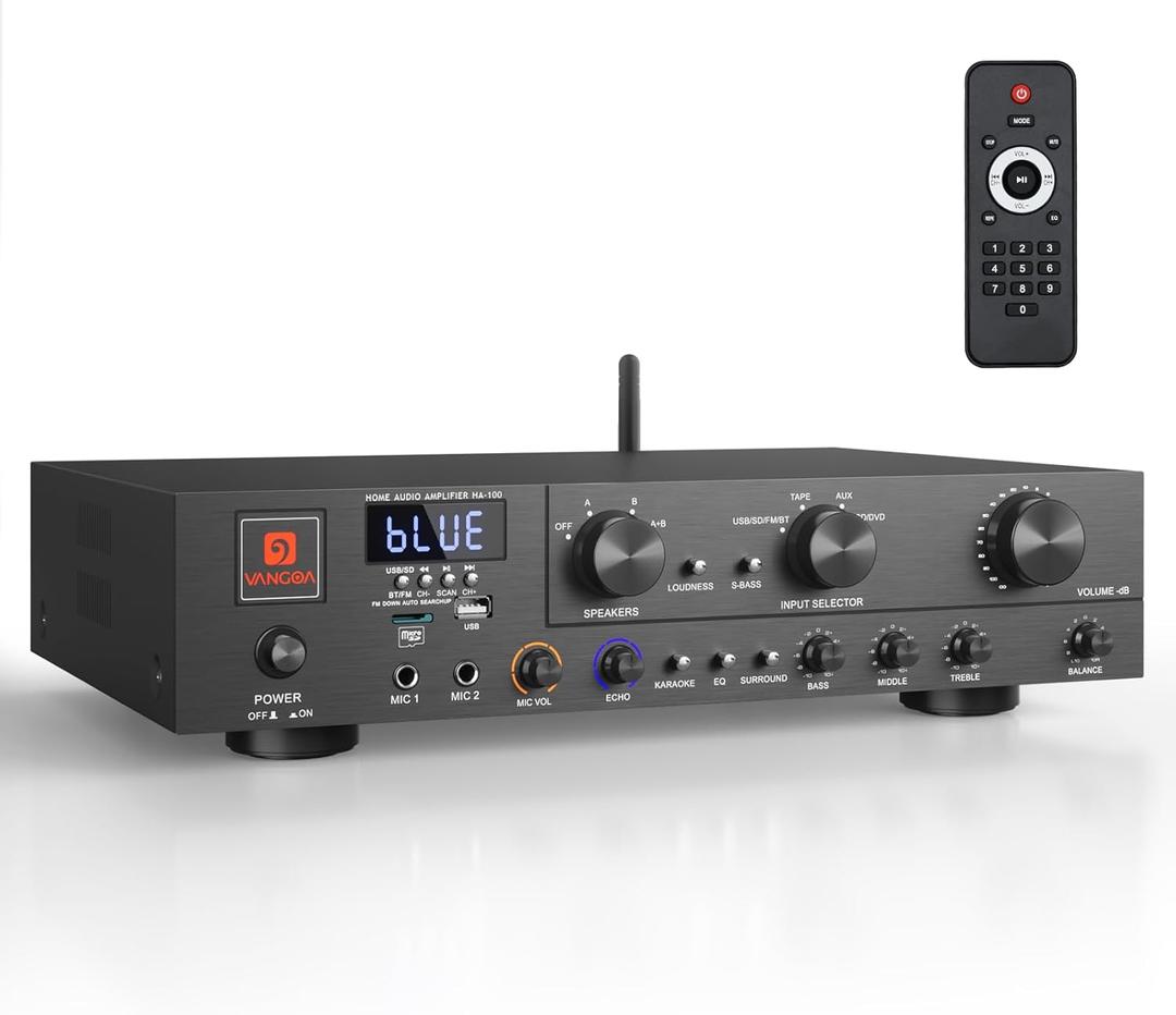 Vangoa Wireless Home Audio Theater Amplifier Stereo Receiver, 5.1 Channel 800 Watt Audio Component Receiver Amp with USB, SD, FM, 2 Mic with Echo, 3 Effects, 3-Band EQ for Studio, Home