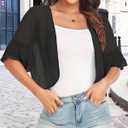 Women's Cardigan Bolero Shrug Ruffle Short Sleeve Open Front Loose Sheer Jackets for Tops (Black, L)