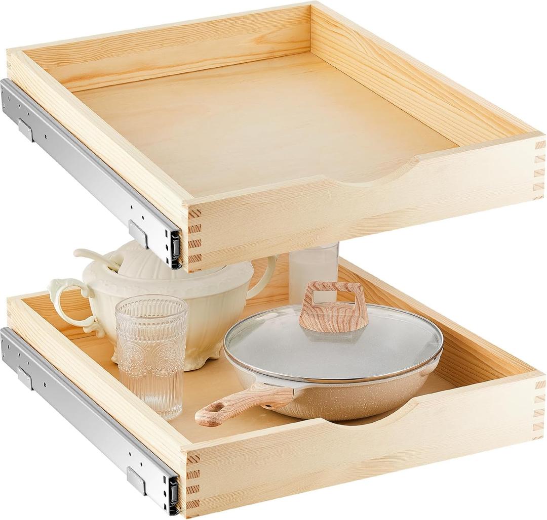 2 Set Pull out Tray Cabinet Organizer Wooden Pull Drawers storage Slide out Pantry Shelf for Base Cabinet Kitchen Gentle Close Fully Assembled Accessories(Wood Color,18'' X 21'' X 3'')