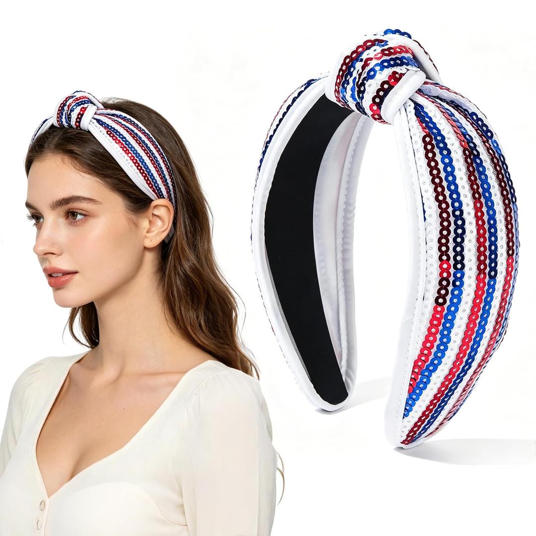 4th of July Sequin Knotted Headband for Women, Red White Blue Striped Patriotic Hairband, Wide Top Knot Headband for Independence Day Parade, Memorial Day Party, USA Themed Events