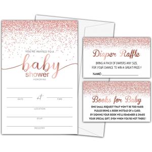 Baby Shower Invitation Kit, Diaper Raffle Games, Books For Baby, Pink Rose Gold Baby Gender Reveal Fill In Invites Cards, Each Design 25 Cards & 25 Envelopes A Total of 100 set - BABYSET-003