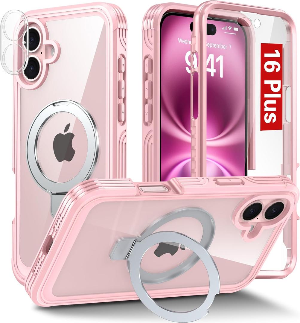 Oterkin Magnetic for iPhone 16 Plus Case Compatible with MagSafe [Foldable Stand][HD Camera Lens Protector][Built-in Touch Sensitive Glass Screen Protector] 15FT Military Full Body Rugged Case (Pink)