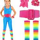Cuffbow Girl Doll Costume Accessories Set Kids Unitard 80's Party Knit Leg Warmer, Patent Leather Belt, Bow Hair Tie (8-13 Years)