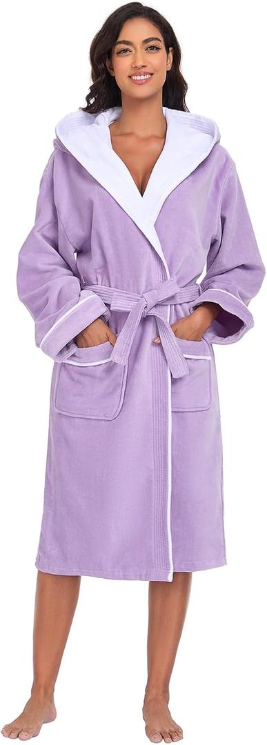 Bathrobe for Women, 100% Cotton Spa Robe, OEKO-TEX, Terry Velour, Knee Length (Runs Small, Size Up) (Large, Lavender Purple)