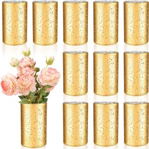 Sunnyray 12 Pcs Gold Cylinder Vases for Centerpieces, 6 Inch Speckled Flower Vase Wedding Decorations, Mercury Glass Votive Candle Holders, Decorative Gold Wedding Centerpieces for Tables
