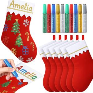 6 Pack 18 Inch Christmas Stockings with 10 Pcs Glitter Glue Pens Red Christmas Stocking Glitter Glue Tube for Holiday Fireplace Decorating DIY Art Project