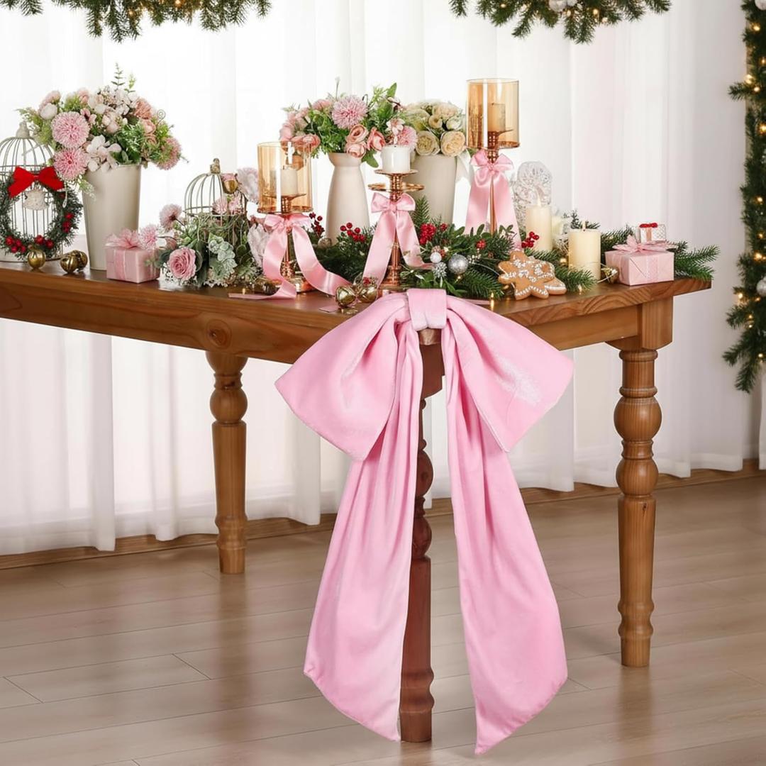 2 x Christmas Coquette Pink Bow Decorations 24x30 Inch and 12 Pcs Pink Candlestick Bow Decor for Wedding Bridal Shower Room with Fixed Hook Coquette Kitchen Party Centerpieces Table Decoration