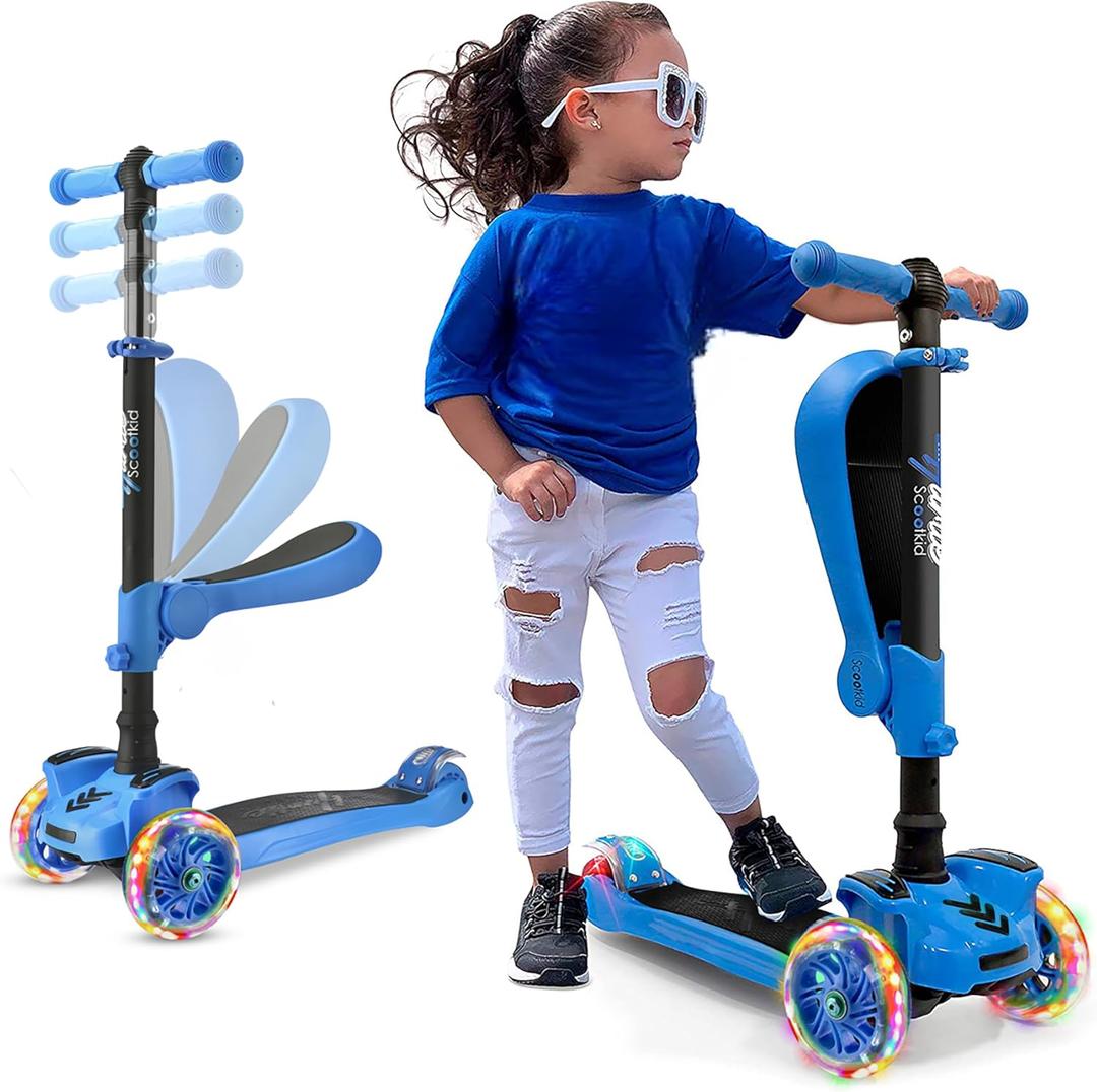 Hurtle 3-Wheeled Scooter for Kids - Wheel LED Lights, Adjustable Lean-to-Steer Handlebar, and Foldable Seat - Sit or Stand Ride with Brake for Boys and Girls Ages 1-14 Years Old (Blue)