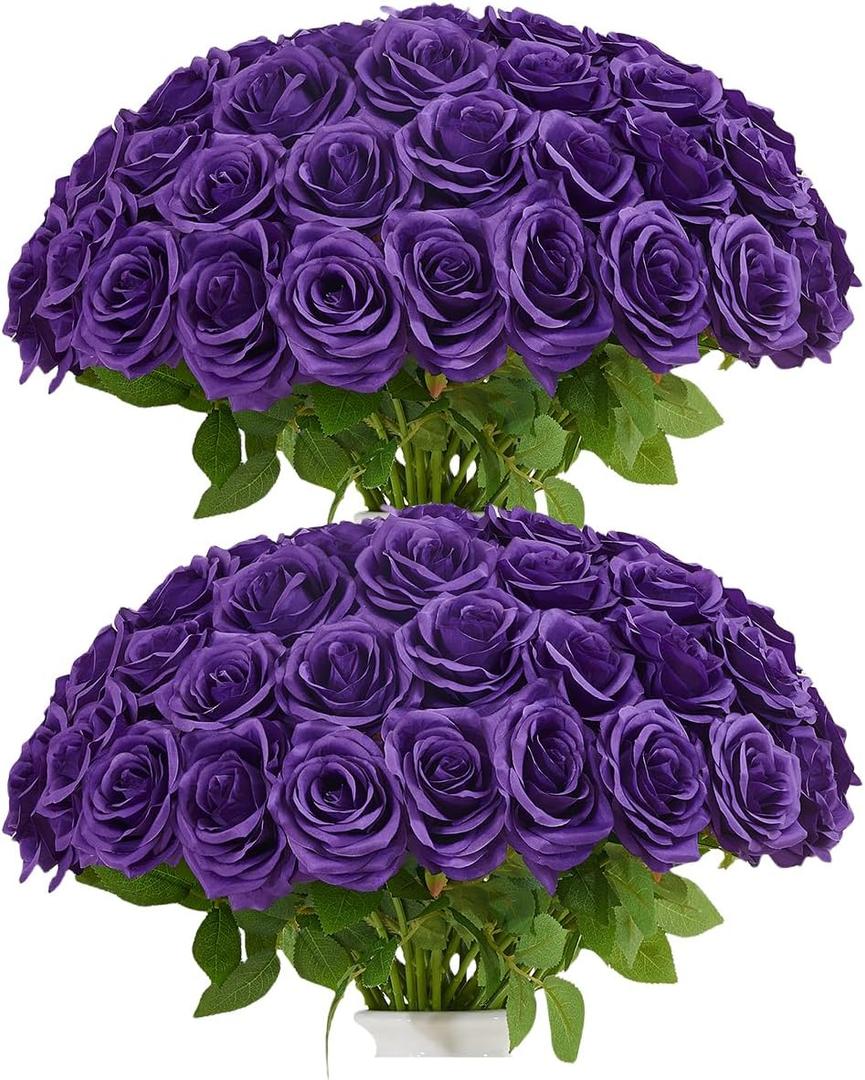 50pcs Purple Roses Artificial Flowers Bulk,Fake Roses Silk Flower with Stems Realistic Flowers for Wedding Centerpiece Home Party Decor