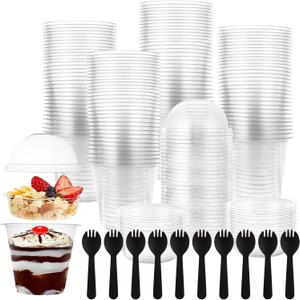 YOUNTHYE 100 Set Parfait Cups with Lids Disposable Yogurt Parfait Cups 9oz Dessert Cups with Dome Lids and Spoons Plastic Parfait Cups Clear Parfait Conatiners for Cupcake, Fruit, Mousse, Pudding
