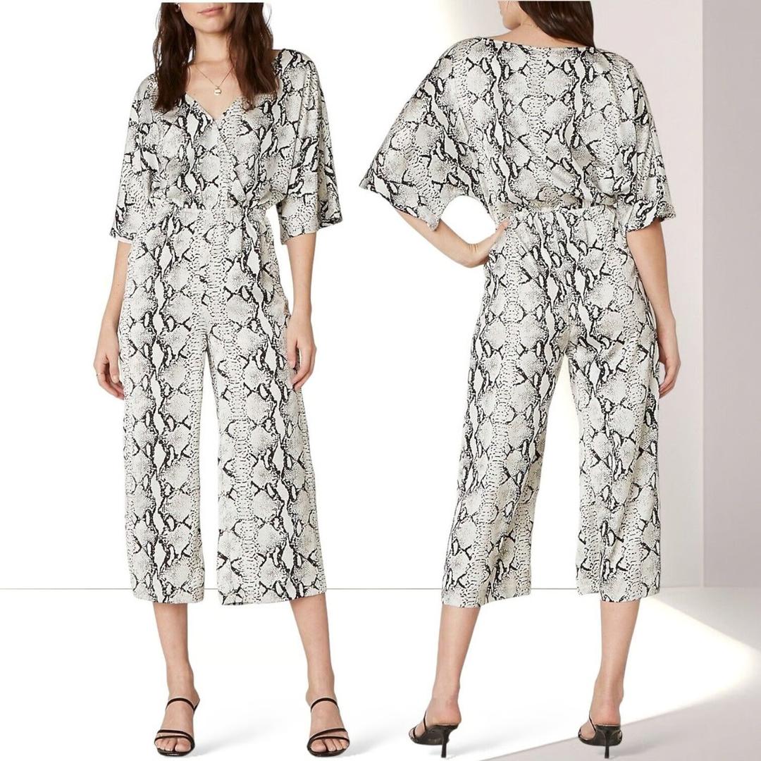  BB DAKOTA Lines in the Sun Python Snake Print Satin Jumpsuit Surplice Black Gray XS