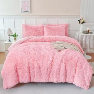 WINLIFE Faux Fur Comforter Set Full Size Pink 3Pcs Long Hair Shaggy Furry Plush Fluffy Bedding for Girls Teen on Winter, Soft Warm Cozy Bed Set for All Season (1 Comforter, 2 Pillowcases)