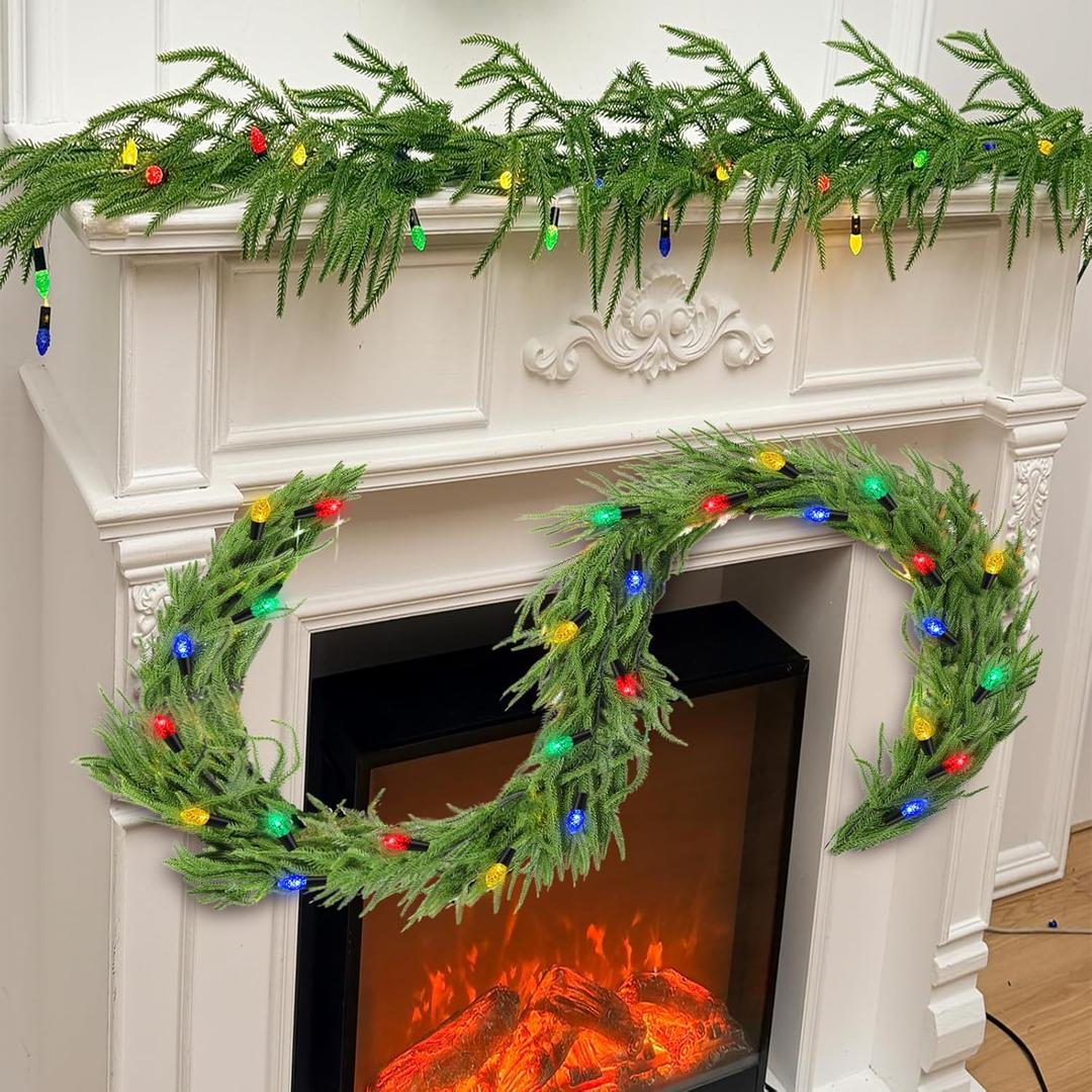 9 ft Prelit Christmas Norfolk Pine Garland with LED Light, Artificial Real Touch Greenery Garland for Table Mantle Fireplace Stairs Wall Indoor Outdoor Decorations (Red, Green, Blue, Yellow)