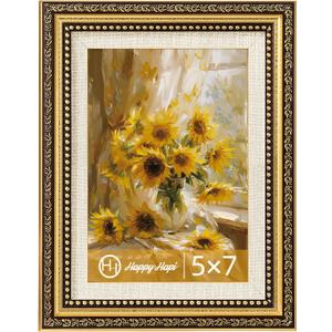 HappyHapi 5x7 Picture Frame, Vintage Picture Frames for Wall or Tabletop Display, Gold Photo Frame for Wall Decor Retro Home Decor, 1 Pack