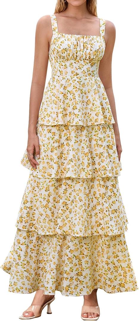 KUTUMAI Floral Maxi Dress Ruffle Tiered Flowy Tea Party Wedding Guest Dresses for Women Summer 2026 (White, L)