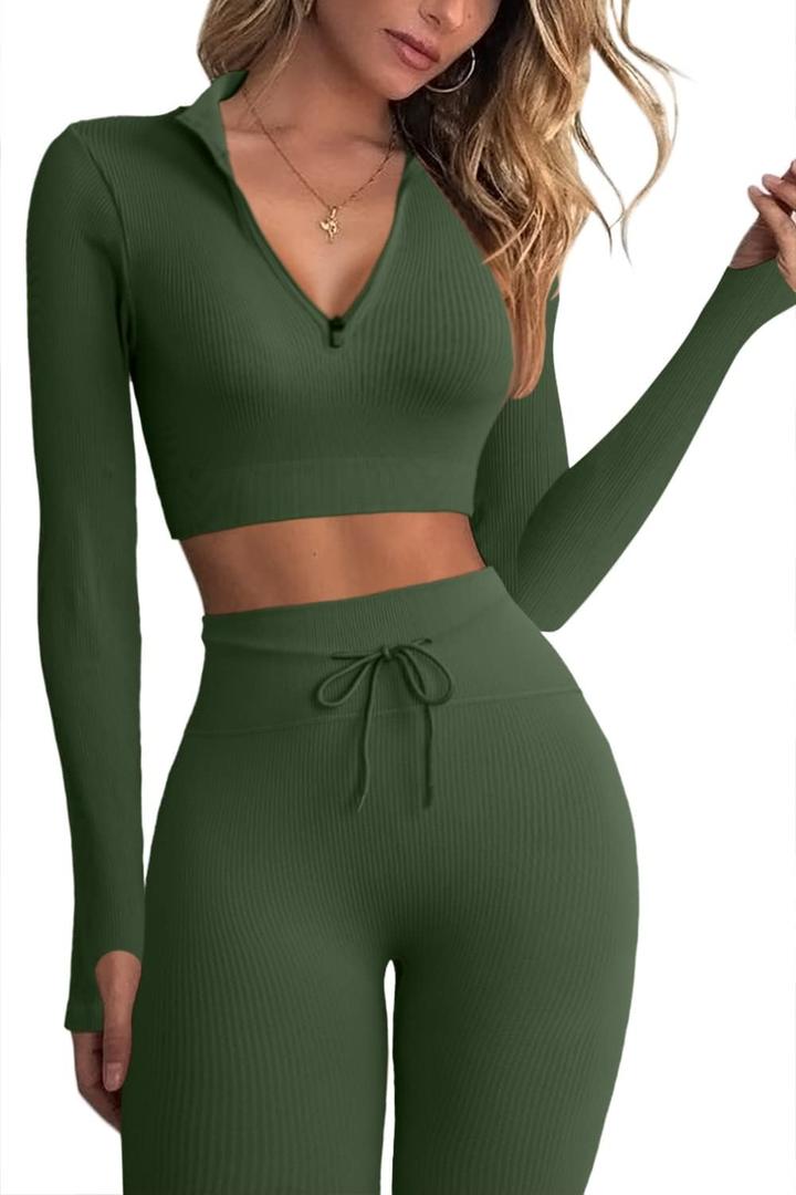 QINSEN Long Sleeve Workout Shirt for Women High Funnel Neck Crop Tops Tummy Control Leggings Fitted 2 Pieces Sets (Small, Y118 Army Green)