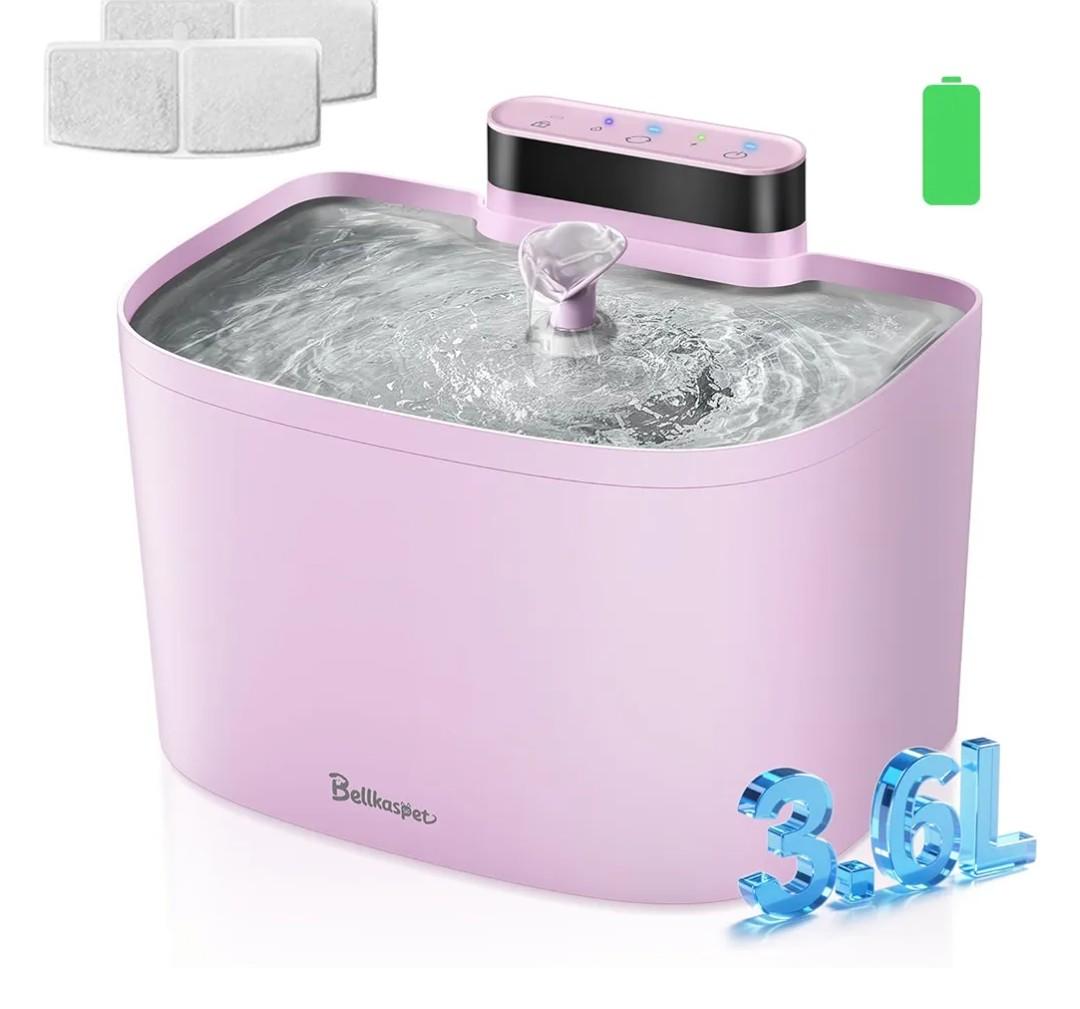 Cat Water Fountain, 122oz/3.6L Pumpless Wireless Cat Fountain, Cordless Water Fountains for Cats Indoor, Battery Operated Dog Pet Water Fountain with Stainless Steel Tray (Pink, Fountain+2 Fliters)