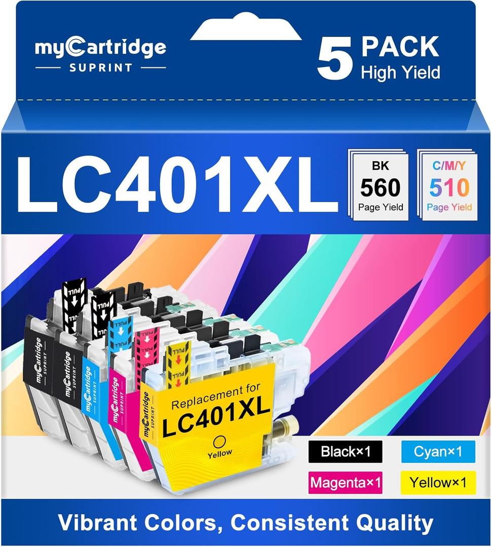 myCartridge SUPRINT LC401XL Ink Cartridges for Brother Printer Replacement for Brother LC401 401XL Ink Cartridges High Yield Printer Use with MFC-J1010DW MFC-1012DW MFC-J1170DW MFC-J1800D (5Pack, XL)