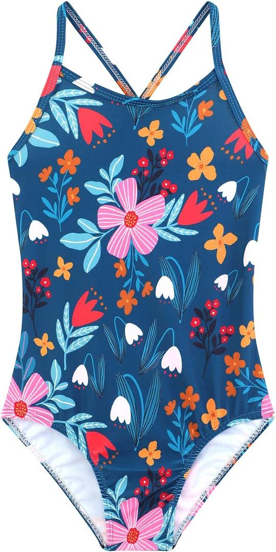Girls One Piece Swimsuits Summer UPF 50+ Quick Dry Beach Bathing Suit Cross Shoulder Strap Swimwear 2-10 Years (Green Flower)