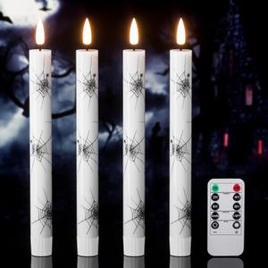 Halloween Flameless Taper Candles with Remote Timer, 4 Pack LED Flickering Candlestick, 9.65 Inch Battery Operated Real Wax with Spider Web Prints Halloween Decor Indoor