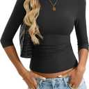 Eachyes Womens 3/4 Length Sleeve Boat Neck Tops Casual Slim Fit T-Shirts Basic Tees Spring Summer Outfits Clothes (Black, S)