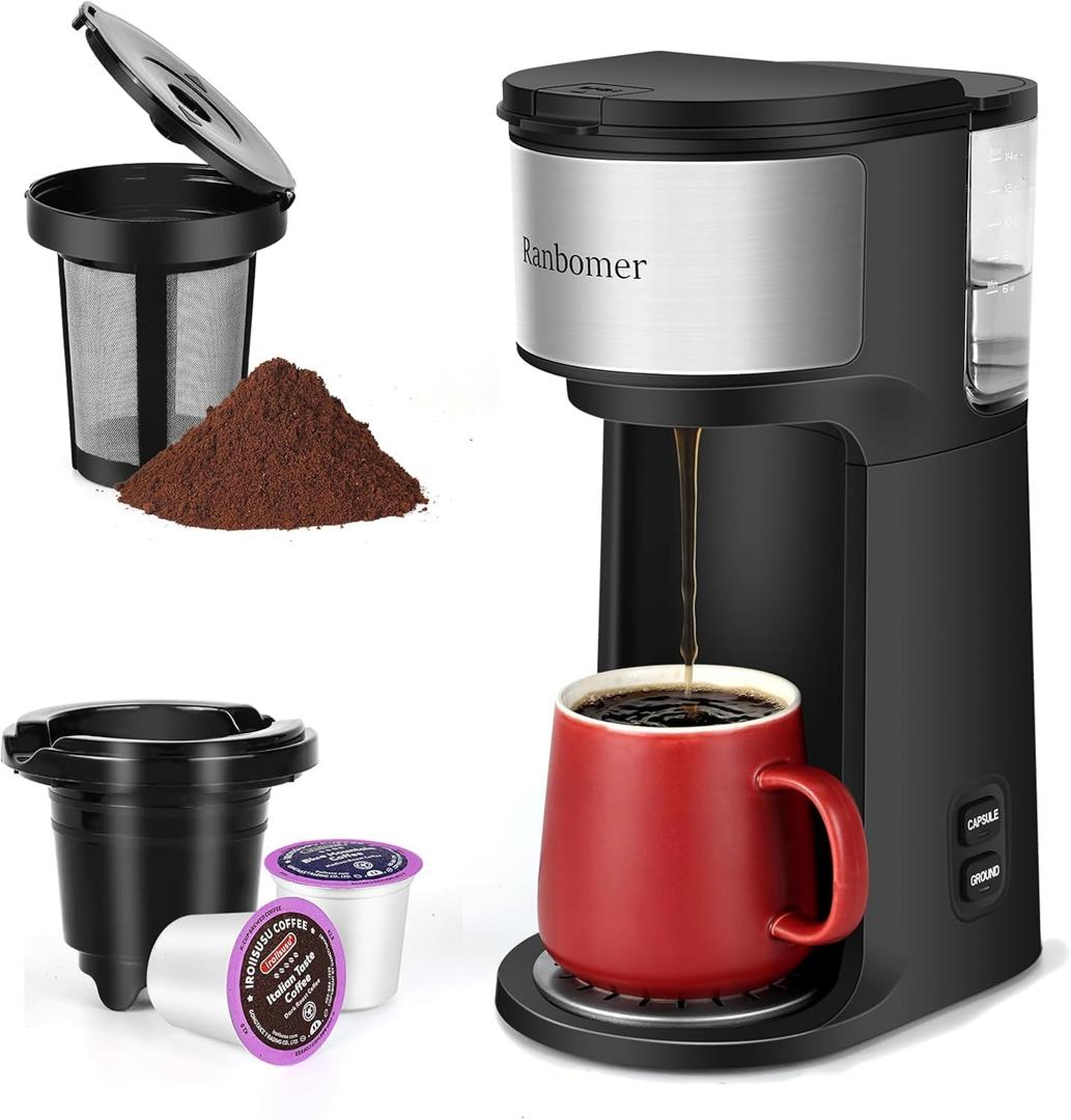 Single Serve Coffee Maker, K Cup and Ground Coffee Machine 2 in 1, 6 to 14 Oz Brew Sizes, Mini One-Cup Coffee Maker with Self-cleaning Function, Fits Travel Mug, Black 2025.4.5