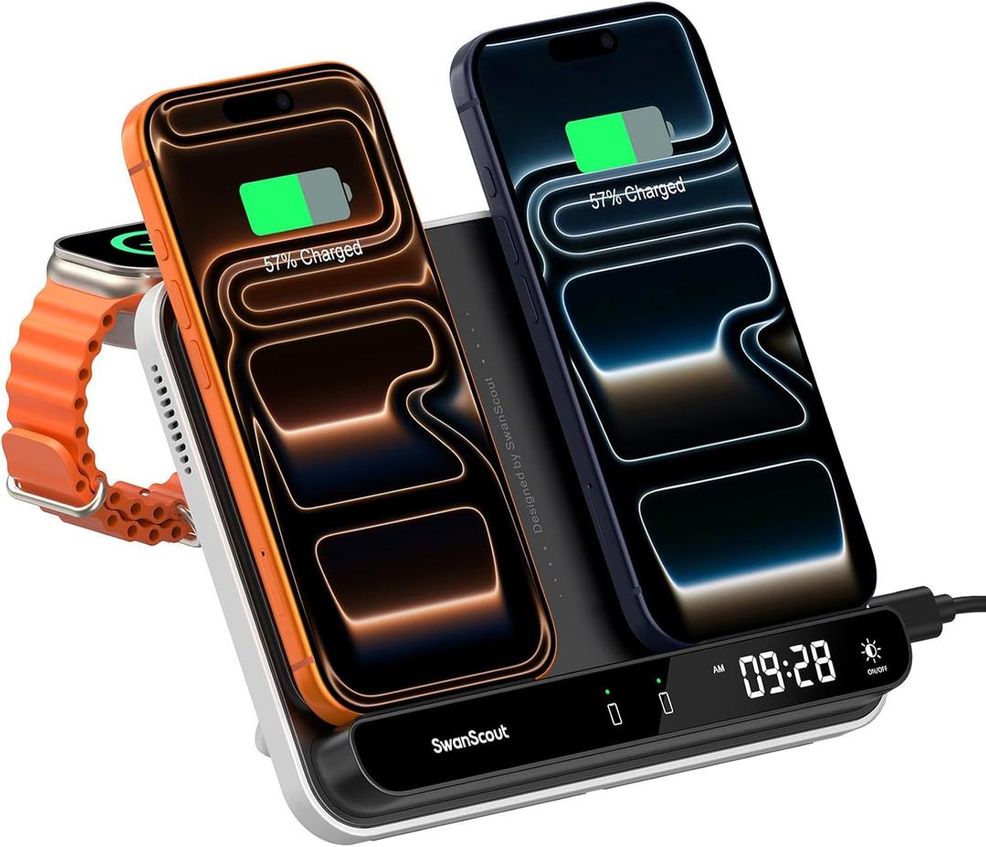 Dual Phone Charger, SwanScout 710A, Wireless Charger for iPhone 17/16/15/14/13/12/11/8/X Series, for Apple Watch 11/10/9/8/7/6, Ultra 3/SE 3, for AirPods Pro 3/4/Pro 2/Pro/3