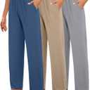 Huukeay 3 Pack Women's Lounge Pants, Cozy Wide Leg Lounge Slacks with Pockets Loose Flowy Yoga Sweatpant Workout Comfy Jogger (Medium, Light Gray, Khaki, Denim Blue)