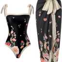 One Piece Bathing Suit for Women with Beach Cover up Wrap Skirt Swimsuit Sarong Retro Floral Print Bikini Set (Small, 2308 Balck)