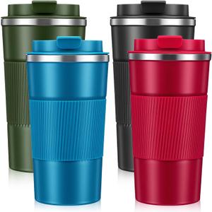 4 Pack Insulated Coffee Mug with Lid, 17oz Leakproof Coffee Travel Mugs, Stainless Steel Double Wall Insulated Vacuum To Go Reusable Portable Thermal Tumbler for Hot&Cold Drinks, Car, Multicol