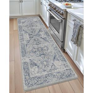 DEXI Kitchen Floor Mats Anti Fatigue, 17x59 Cushioned Vintage Runner Rug Waterproof, Standing Comfort Memory Foam Padded for Front Sink Laundry Office, Light Grey and Blue