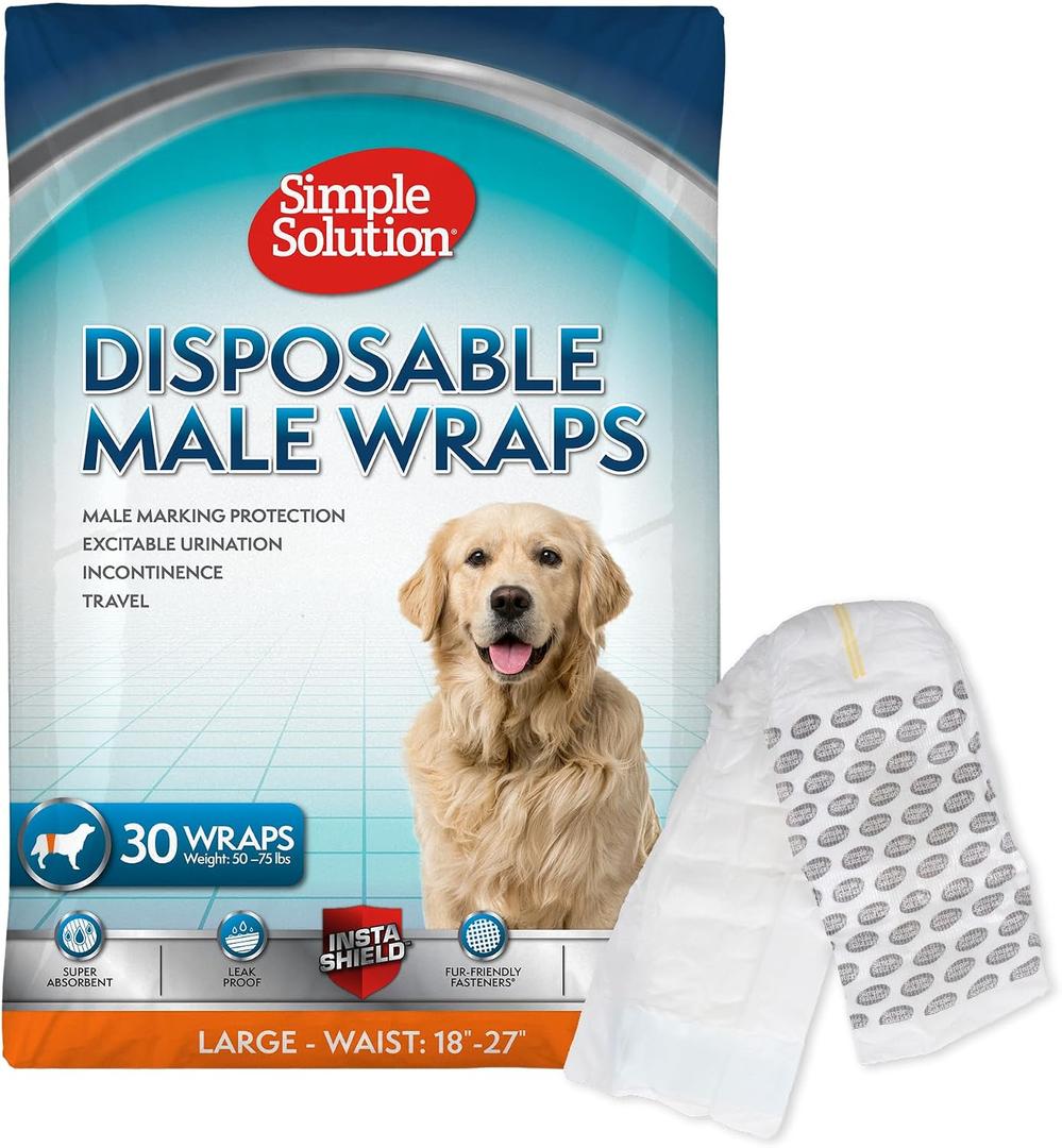 Simple Solution Disposable Male Wraps, Absorbent Leak Proof Belly Bands for Dogs, Incontinence Aid, Puppy Training, Marking Control, and Travel Protection, Toy Dogs, 914 Inch Waist, 30 Count