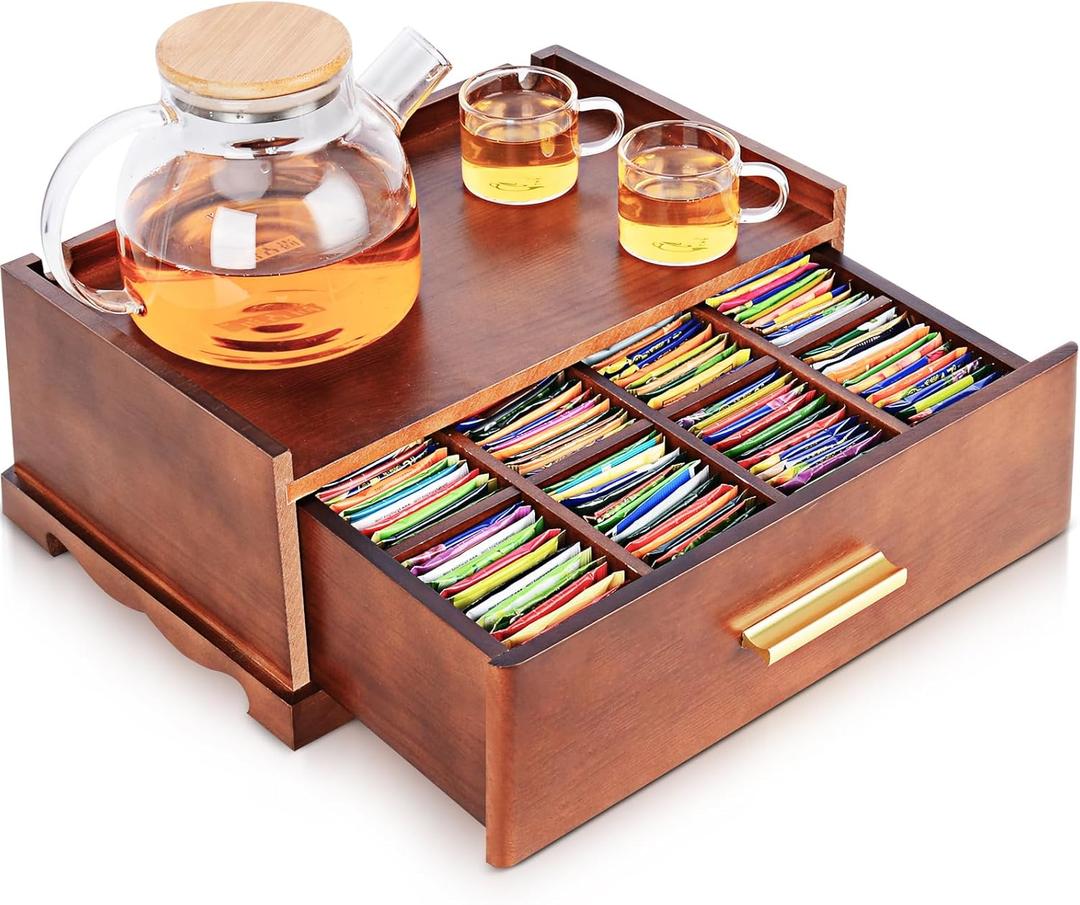 Essenya Tea Bag Organizer, Tea Organizers and Storage, Tea Box Organizer Storage Box, Tea Station Organizer for Countertop, Tea Caddy for Wood Tea Holder Organizers for Removable Drawer (Brown)