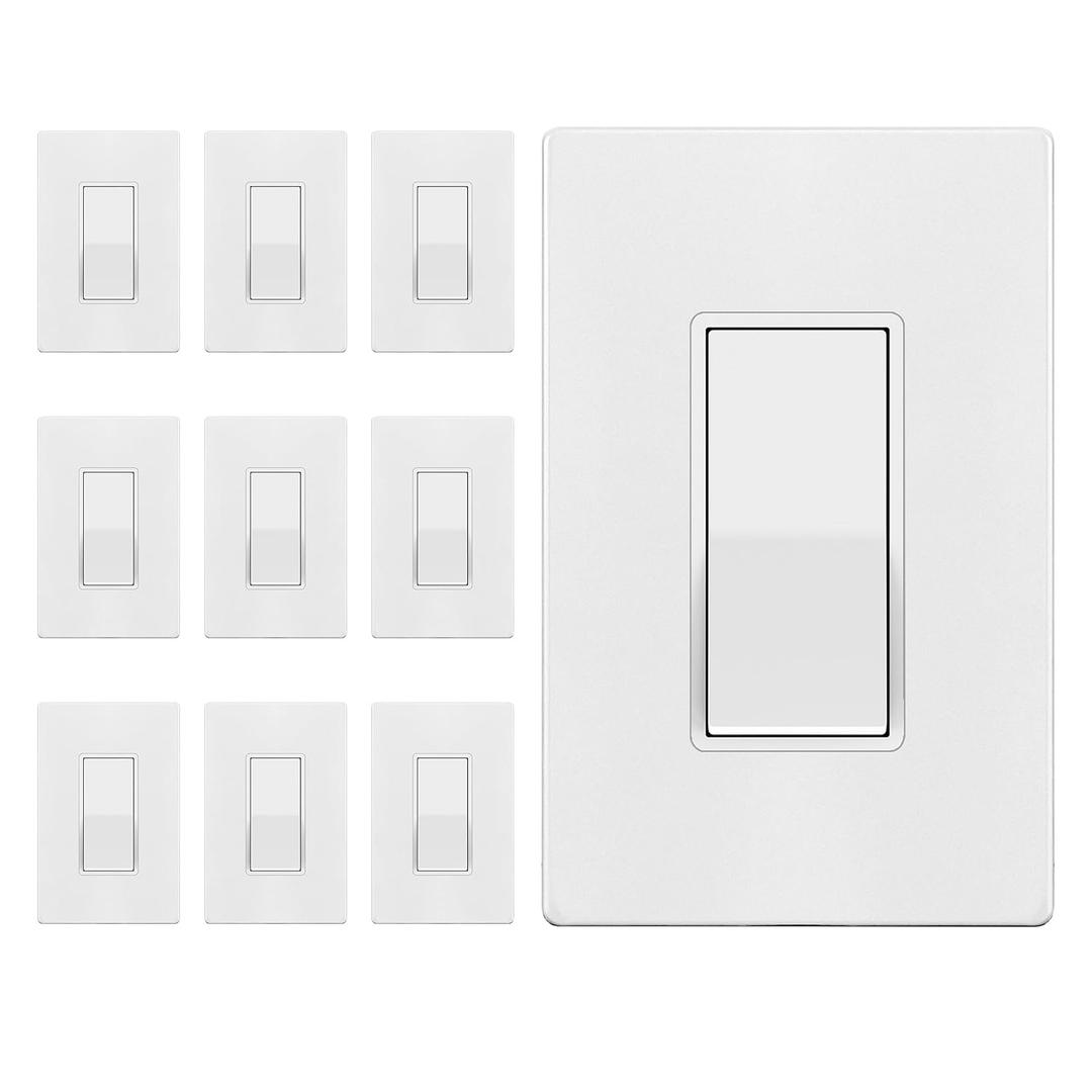 ENERLITES Matte White Light Switch with Screwless Wall Plate, Decorator Paddle Rocker Wall Switch, Single Pole, Grounding Screw, Residential Grade, 15A 120V/277V, UL Listed, 91150-MW-10PCS (10 Pack)