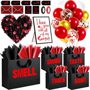 Kanmeii 5 Senses Gift Bags for Him with Labels Tissue Paper, Five Senses Party Decoration Rose Petals Red Gold Balloons Greeting Card and Sign Holder Stand for Husband Boyfriend Birthday Party Decor