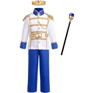 ODASDO Boy Prince Charming Costume Halloween King Cosplay Knight Dress Up Medieval Royal Prince Outfit for Birthday Christmas (8-10 Years, Royal Blue Scepter Set)