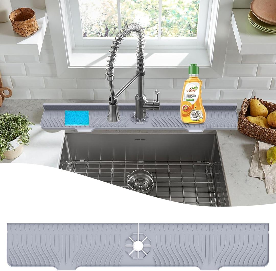 LVJING 33 inch Sink Splash Guard Mat, Sink Faucet Drying Mat, Silicone Faucet Handle Drip Catcher Tray, Longer Silicone Sink Mat for KitchenBathroom, Drip Protector Splash Countertop (Grey) (Gray)